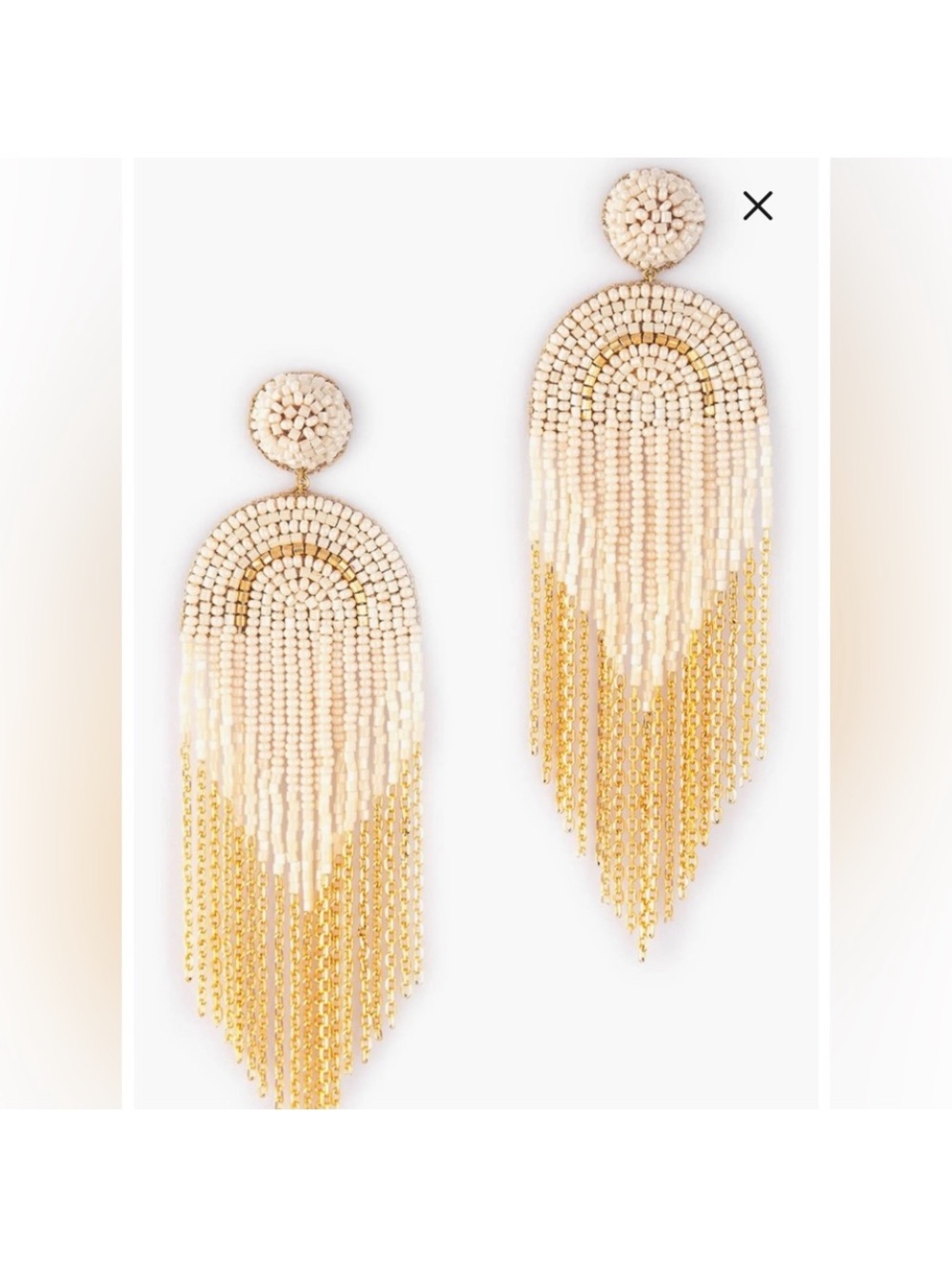 NWT Deepa Gurnani Cream Beaded Fringe Drop Earrings with Gold Chains